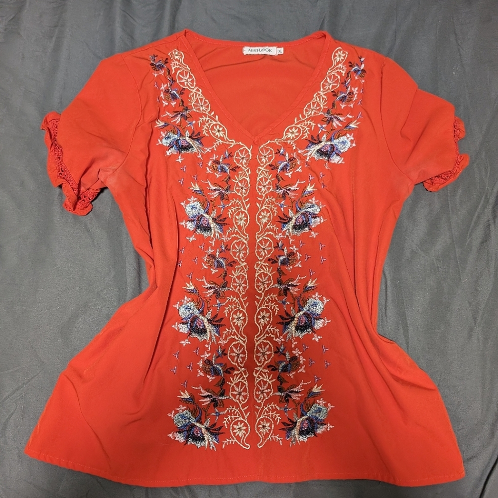 Vivid orange embroidered shirt white & blue flowers boho bright short sleeve top
